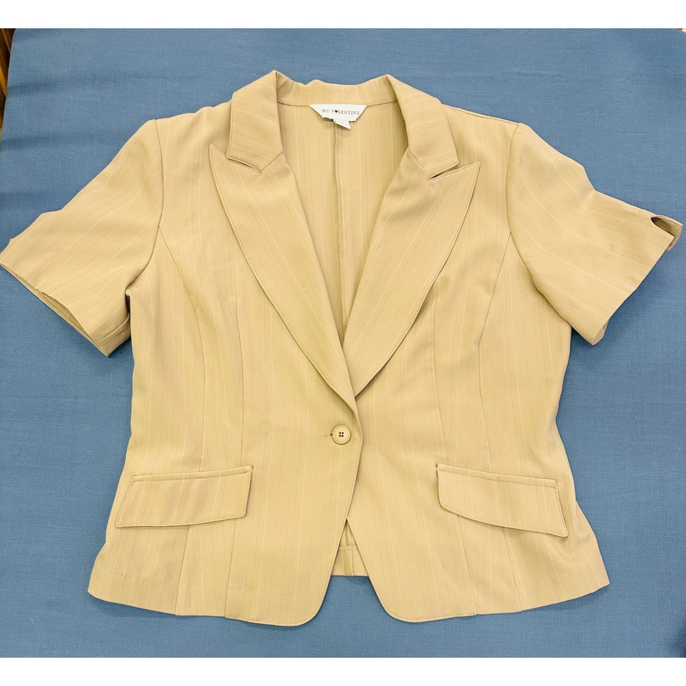 My Valentine Women Tan Pinstripe Short Sleeve Blazer Jacket Size 16